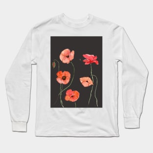 Poppy Watercolor Illustration and a dark gray background Long Sleeve T-Shirt